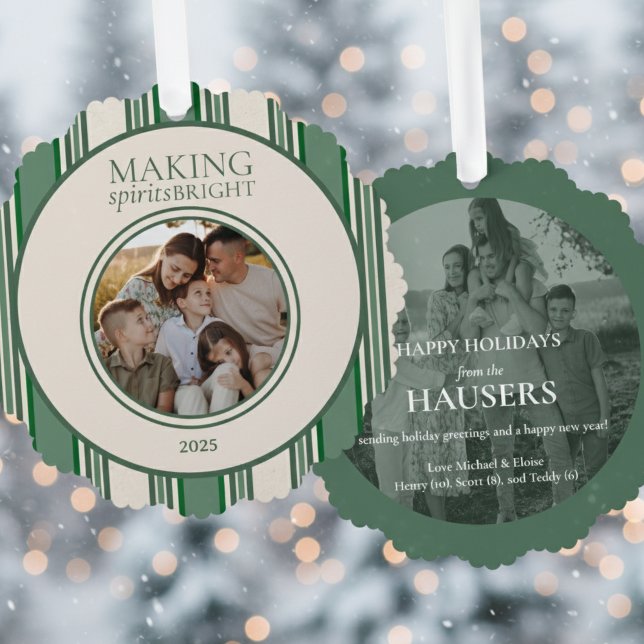 Making Spirits Bright Two Photo Stripe Ornament Card (Send holiday greetings with this Making Spirits Bright Two Photo Stripe Holiday Ornament Card!)