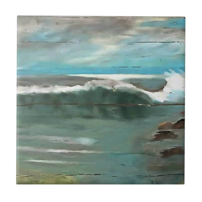 Making Waves On Driftwood Seascape Art Tile (Front)