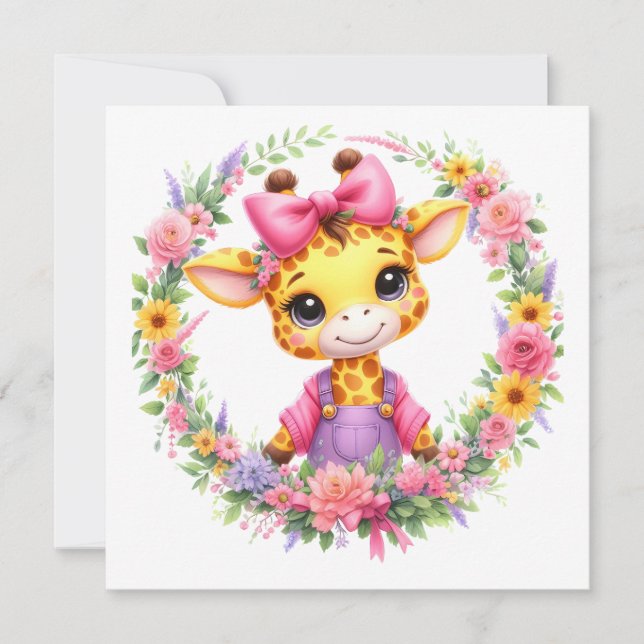 MAKOM- Giraffe Clipart, Spring Flowers Holiday Card (Front)