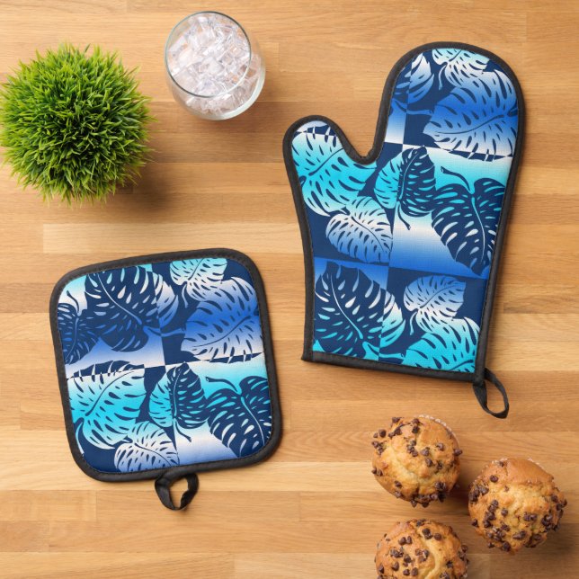 Makua Monstera Tropical Hawaiian Blend Navy Oven Mitt & Pot Holder Set (Top Down)