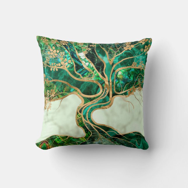Malachite and Abalone Tree of life abstract Throw Pillow (Front)