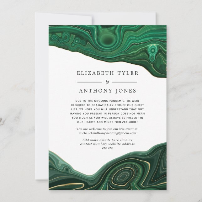 Malachite and Gold Agate Reduced Guest List Announcement (Front)