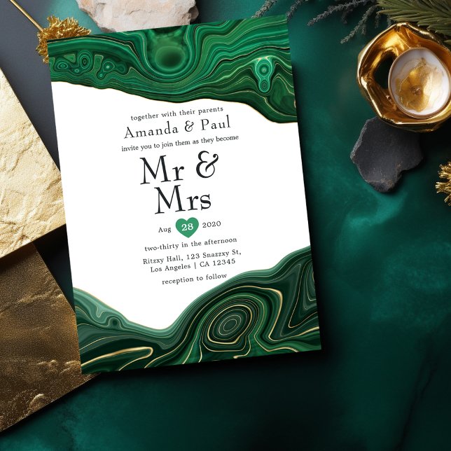 Malachite and Gold Strata Agate Mr & Mrs Wedding Invitation (Creator Uploaded)