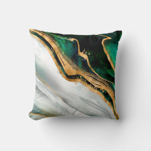 Malachite green watercolor and gold throw pillow