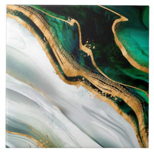 Malachite green watercolor and gold tile