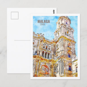 Malaga Spain Famous Travel Watercolor Sketch Postcard