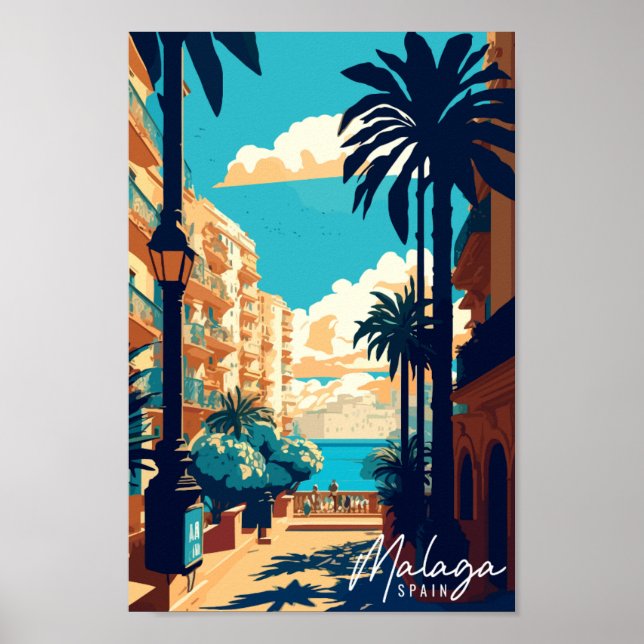 Malaga Spain vintage travel illustration Poster (Front)