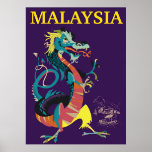Malaisie Dragon affiche de voyage de style vintage