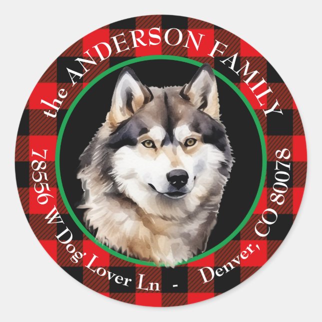 Malamute Dog Buffalo Plaid Return Address Classic Round Sticker (Front)
