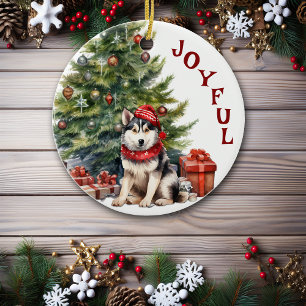 Malamute Dog in Scarf and Hat Christmas Ceramic Ornament