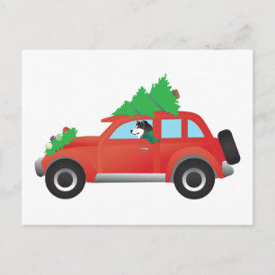 Malamute Driving a car with Christmas tree on top Holiday Postcard