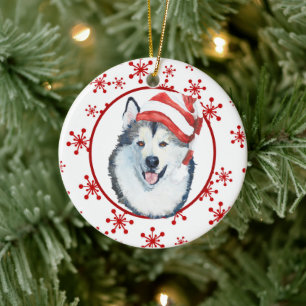 Malamute Santa Hat Snowflake Ceramic Ornament