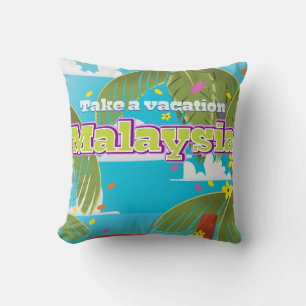 Malaysia cartoon travel poster art. throw pillow
