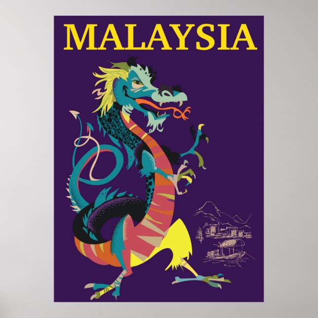 Malaysia Dragon vintage style travel poster (Front)