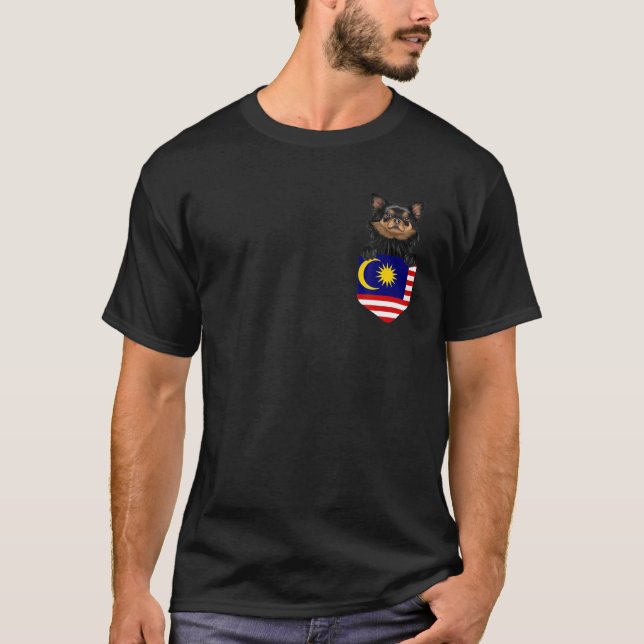Malaysia Flag Black Chihuahua Dog In Pocket T-Shirt (Front)