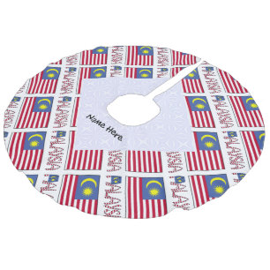 Malaysia Malaysian Flag Tiled Black Personalizatio Faux Linen Tree Skirt