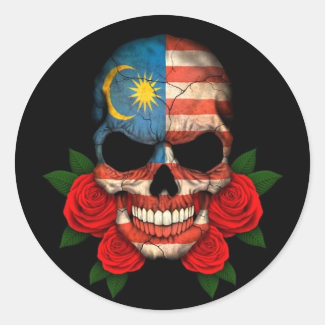 Malaysian Flag Skull with Red Roses Classic Round Sticker (Front)