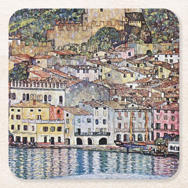 Malcesine at Lake Garda, Gustav Klimt Square Paper Coaster (Front)