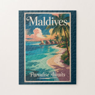 Maldives Beach Illustration Travel Art Vintage Jigsaw Puzzle
