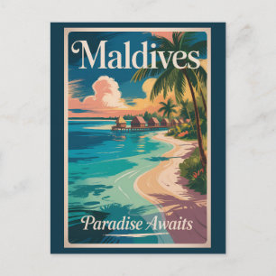 Maldives Beach Illustration Travel Art Vintage Postcard