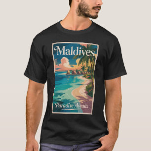 Maldives Beach Illustration Travel Art Vintage T-Shirt