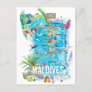 Maldives Islands Illustrated Travel Map Postcard