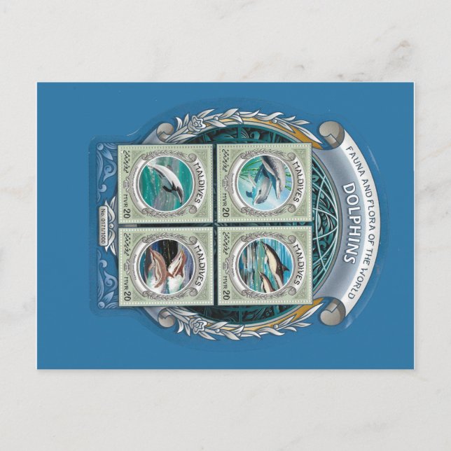 Maldives stamps dolphins postcard (Front)
