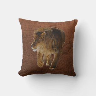 Male African Lion Big Cat & Faux Leather Throw Pillow