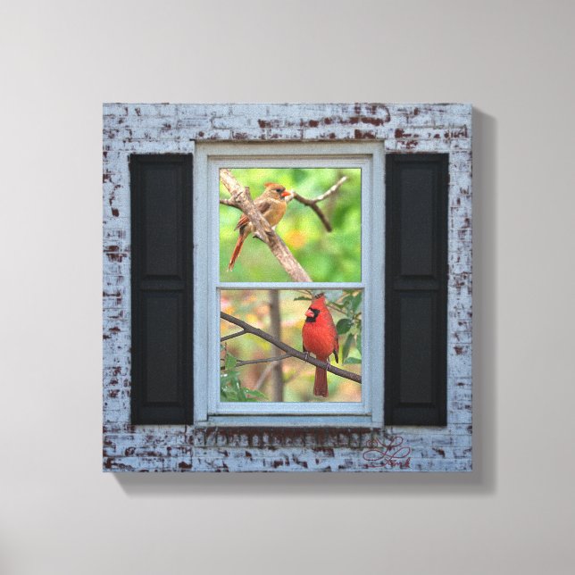 Male and Female Cardinals in Window/Brick Wall Canvas Print (Front)