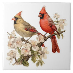 Male and female cardinals perched tile