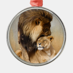 Male and Female Lion in Love Metal Ornament