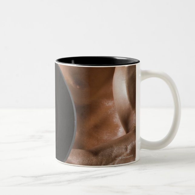 Male body builder flexing lifting weight Two-Tone coffee mug (Right)