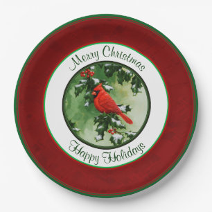 Male Cardinal and Holly Branch Red Paper Plate