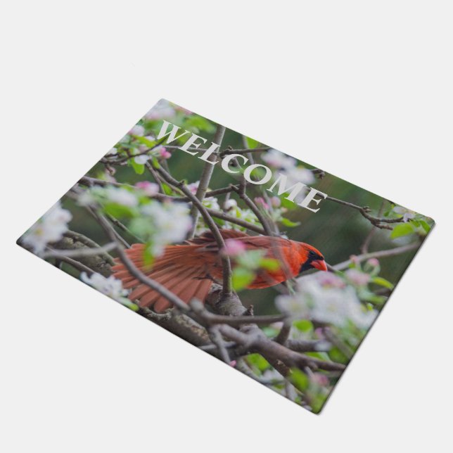 Male Cardinal in Springtime Door Mat (Angled)