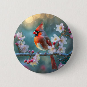 Male Cardinal in the Moonlight Cherry Blossoms 2 Inch Round Button