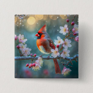 Male Cardinal in the Moonlight Cherry Blossoms 2 Inch Square Button