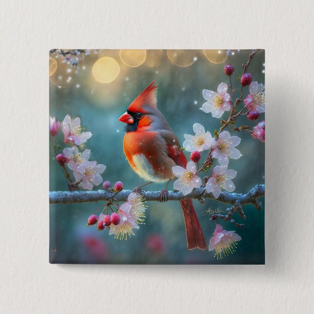 Male Cardinal in the Moonlight Cherry Blossoms 2 Inch Square Button (Front)