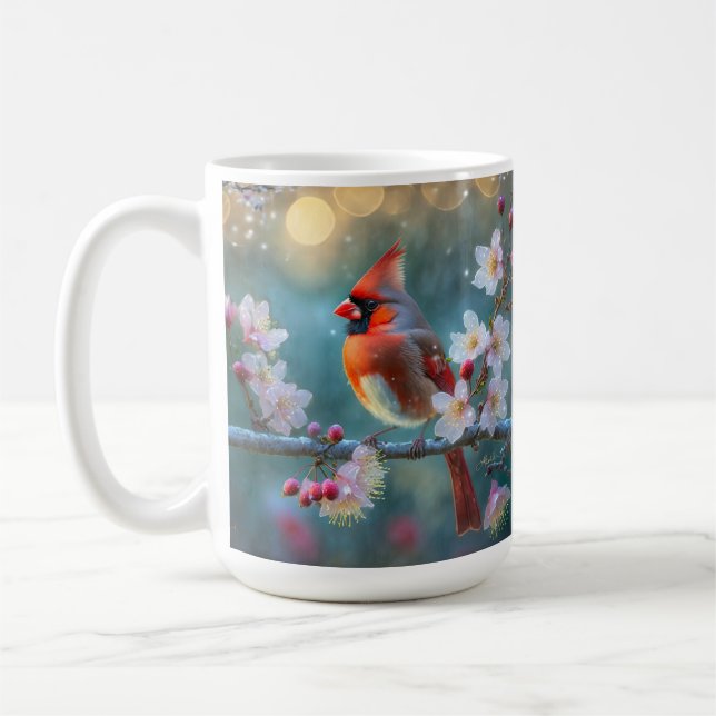 Male Cardinal in the Moonlight Cherry Blossoms Coffee Mug (Left)