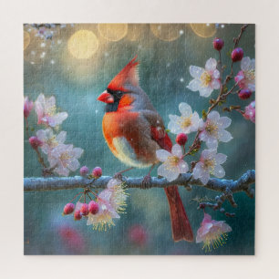 Male Cardinal in the Moonlight Cherry Blossoms Jigsaw Puzzle