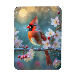 Male Cardinal in the Moonlight Cherry Blossoms Magnet