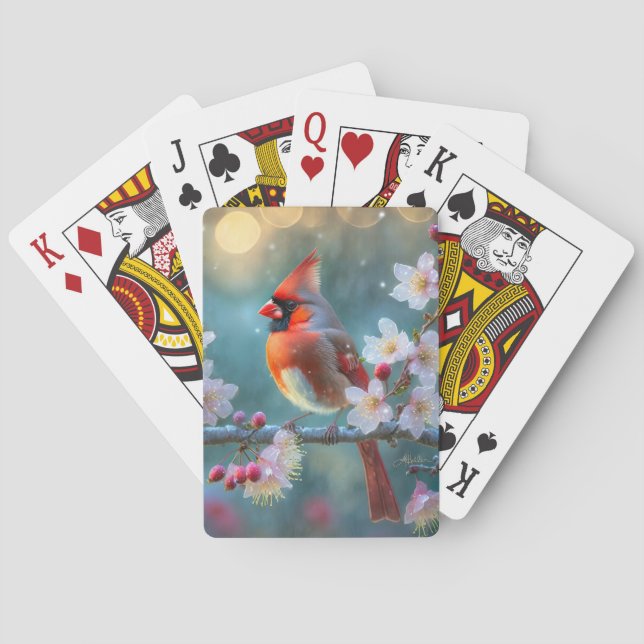 Male Cardinal in the Moonlight Cherry Blossoms Playing Cards (Back)