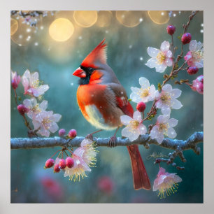 Male Cardinal in the Moonlight Cherry Blossoms Poster