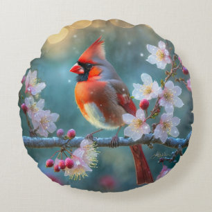 Male Cardinal in the Moonlight Cherry Blossoms Round Pillow
