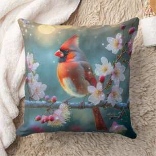 Male Cardinal in the Moonlight Cherry Blossoms Throw Pillow