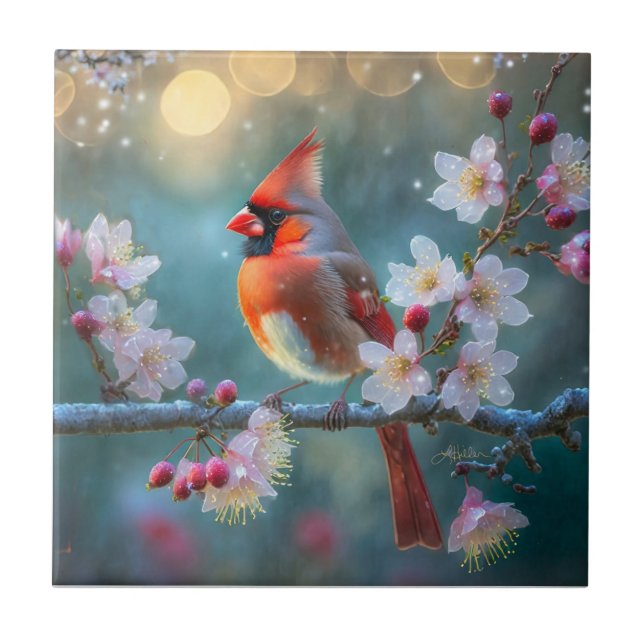 Male Cardinal in the Moonlight Cherry Blossoms Tile (Front)