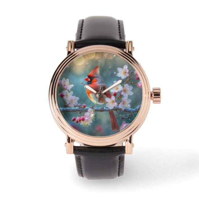 Male Cardinal in the Moonlight Cherry Blossoms Watch (Front)