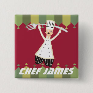 Male chef pantaloons giant fork name badge 2 inch square button