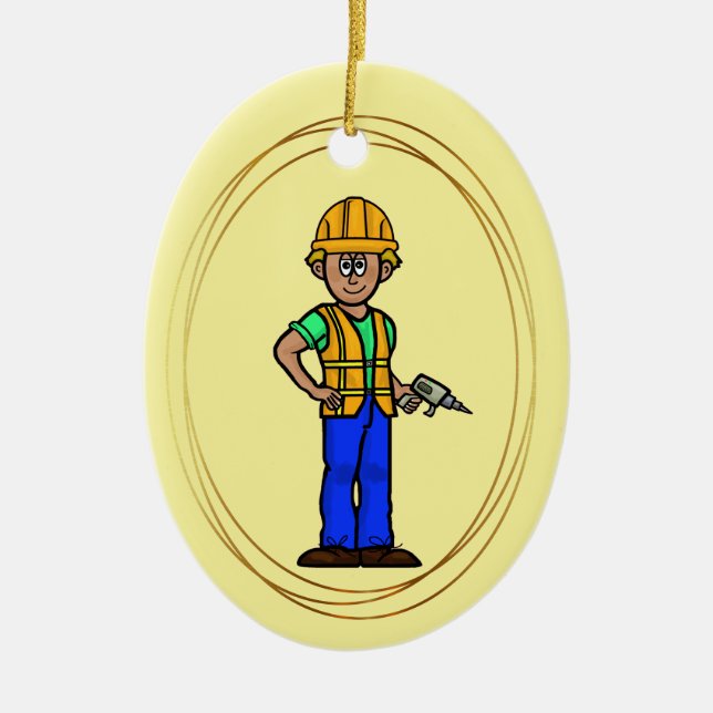 Male Construction Worker With Drill Ornament (Front)