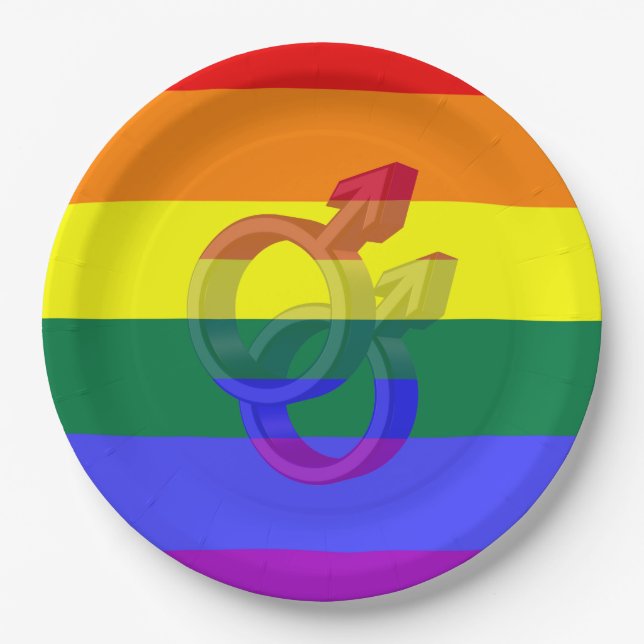 Male Couple Pride Symbols Rainbow Flag Paper Plate (Front)