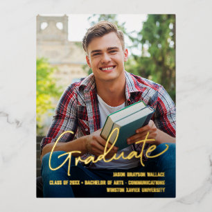 Male Custom Grad Photo Graduate Script Overlay Foil Holiday Postcard